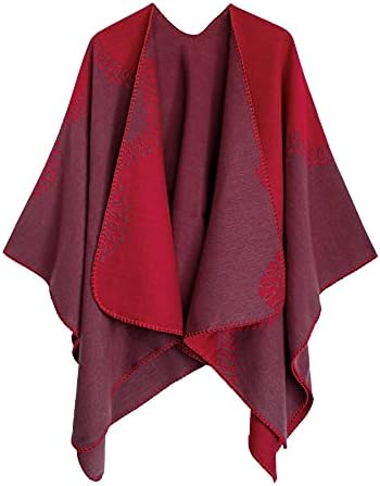 Color Block Shawl Wrap Open Front Poncho Cape, Series 28 Red