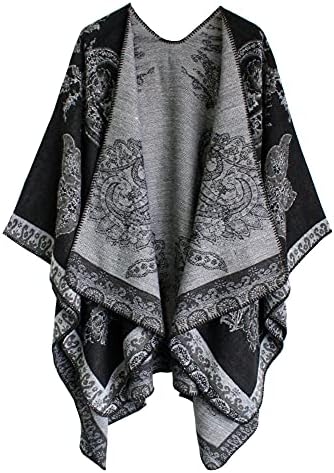 Color Block Shawl Wrap Open Front Poncho Cape, Series 29 Black
