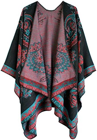 Color Block Shawl Wrap Open Front Poncho Cape, Series 29 Red