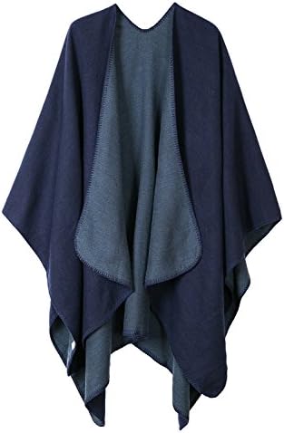 Color Block Shawl Wrap Open Front Poncho Cape, Series 7 Navy Blue