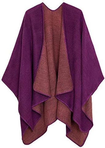 Color Block Shawl Wrap Open Front Poncho Cape, Series 7 Purple