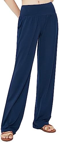 Comfy Yoga Pants Casual Wide Leg Sweatpants High Waist Stretch Trousers with Pockets, Navy Blue