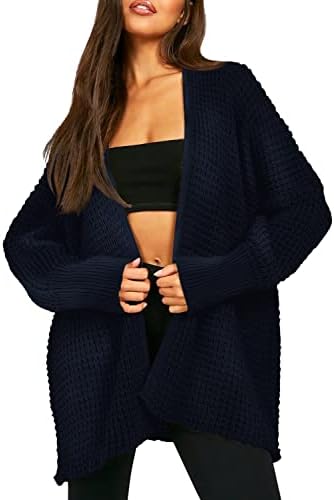 Cozy Long Sleeves Open Front Oversized Cable Knit Sweater Cardigan, Navy Blue