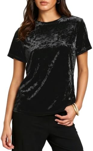 Crew Neck Velvet Top Short Sleeve T-Shirt, Black