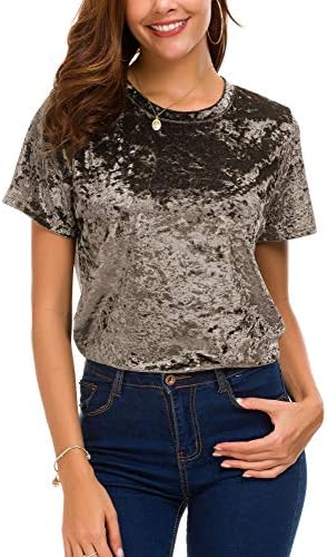 Crew Neck Velvet Top Short Sleeve T-Shirt, Coffee
