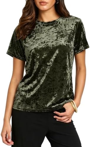 Crew Neck Velvet Top Short Sleeve T-Shirt, Green