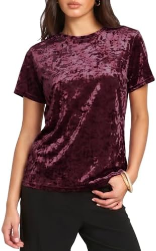 Crew Neck Velvet Top Short Sleeve T-Shirt Maroon, Maroon