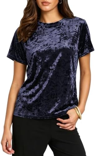 Crew Neck Velvet Top Short Sleeve T-Shirt, Navy Blue