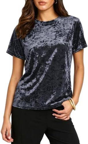 Crew Neck Velvet Top Short Sleeve T-Shirt, Purple