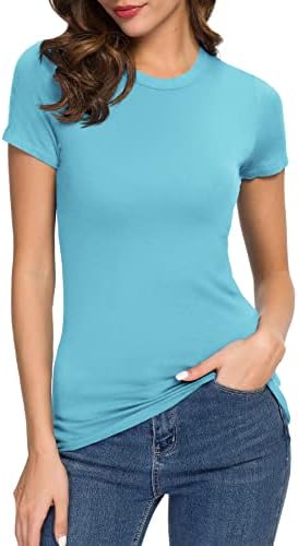 Crewneck Slim Fitted Short Sleeve T-Shirt Stretchy Bodycon Basic Tee Tops, Blue