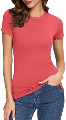 Crewneck Slim Fitted Short Sleeve T-Shirt Stretchy Bodycon Basic Tee Tops, Coral
