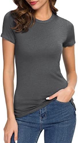 Crewneck Slim Fitted Short Sleeve T-Shirt Stretchy Bodycon Basic Tee Tops, Dark Grey