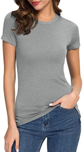 Crewneck Slim Fitted Short Sleeve T-Shirt Stretchy Bodycon Basic Tee Tops, Heather Grey