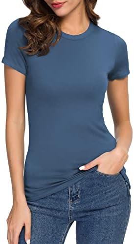 Crewneck Slim Fitted Short Sleeve T-Shirt Stretchy Bodycon Basic Tee Tops, Indigo Blue