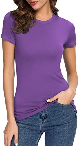 Crewneck Slim Fitted Short Sleeve T-Shirt Stretchy Bodycon Basic Tee Tops, Light Purple
