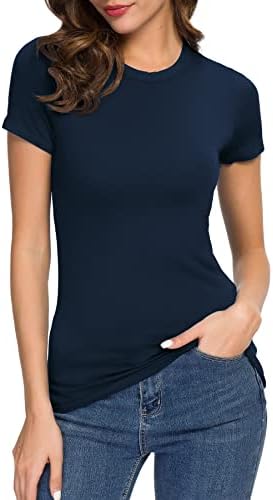 Crewneck Slim Fitted Short Sleeve T-Shirt Stretchy Bodycon Basic Tee Tops, Navy Blue