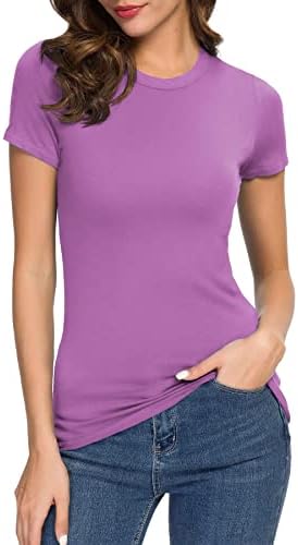 Crewneck Slim Fitted Short Sleeve T-Shirt Stretchy Bodycon Basic Tee Tops, Pink Orchid