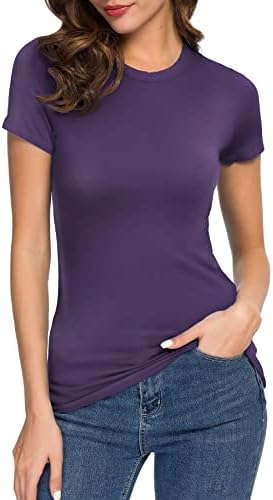 Crewneck Slim Fitted Short Sleeve T-Shirt Stretchy Bodycon Basic Tee Tops, Purple