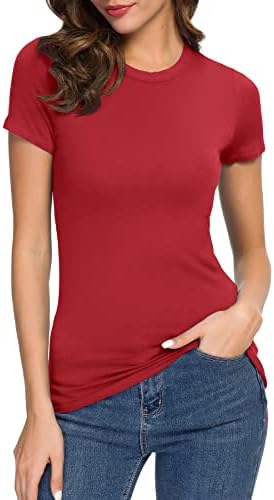 Crewneck Slim Fitted Short Sleeve T-Shirt Stretchy Bodycon Basic Tee Tops, Red