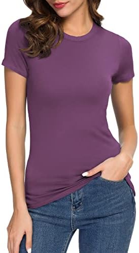 Crewneck Slim Fitted Short Sleeve T-Shirt Stretchy Bodycon Basic Tee Tops, Rich Raisin