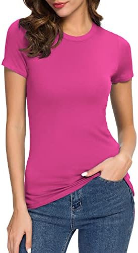 Crewneck Slim Fitted Short Sleeve T-Shirt Stretchy Bodycon Basic Tee Tops, Rose