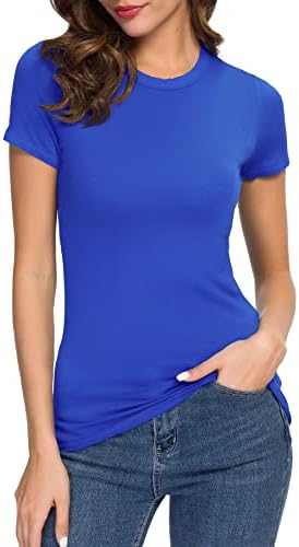 Crewneck Slim Fitted Short Sleeve T-Shirt Stretchy Bodycon Basic Tee Tops, Royal Blue