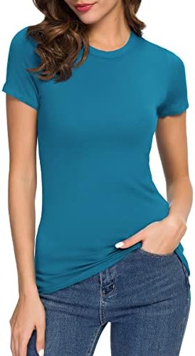 Crewneck Slim Fitted Short Sleeve T-Shirt Stretchy Bodycon Basic Tee Tops, Steel Blue