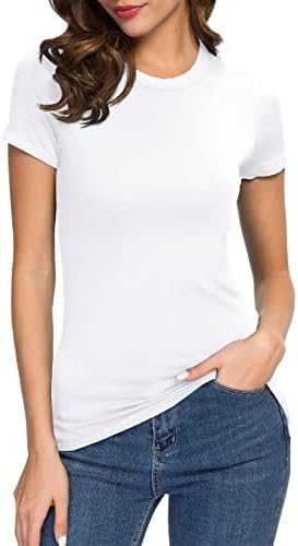 Crewneck Slim Fitted Short Sleeve T-Shirt Stretchy Bodycon Basic Tee Tops, White