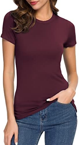 Crewneck Slim Fitted Short Sleeve T-Shirt Stretchy Bodycon Basic Tee Tops, Wine Red