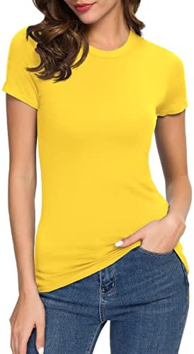 Crewneck Slim Fitted Short Sleeve T-Shirt Stretchy Bodycon Basic Tee Tops, Yellow