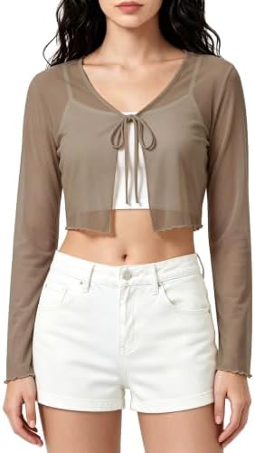 Cropped Cardigan Sheer Mesh Shrug Lightweight Tie Front Cover Up for Dresses, Khaki