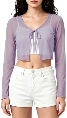 Cropped Cardigan Sheer Mesh Shrug Lightweight Tie Front Cover Up for Dresses, Light Purple