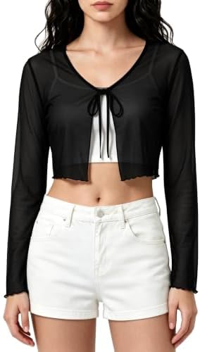 Cropped Cardigan Sheer Mesh Shrug Lightweight Tie Front Cover Up for Dresses