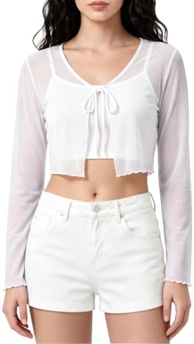 Cropped Cardigan Sheer Mesh Shrug Lightweight Tie Front Cover Up for Dresses, White