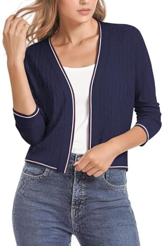 Cropped Cardigan Sweaters 3/4 Sleeve Lightweight Knit Sweater Shrug, Navy Blue