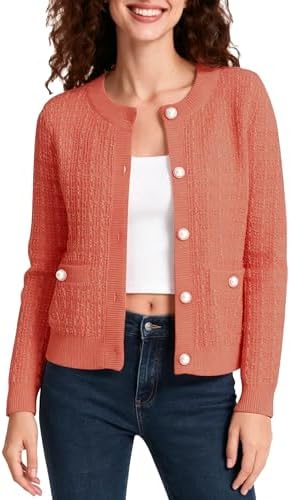Cropped Cardigan Sweaters for Women Button Down Knit for Fall, Coral Pink