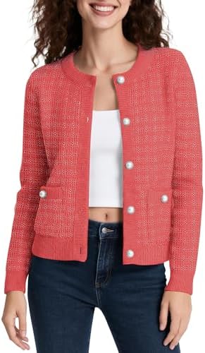 Cropped Cardigan Sweaters for Women Button Down Knit for Fall, Coral Red