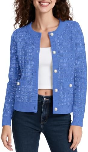Cropped Cardigan Sweaters for Women Button Down Knit for Fall, Heather Blue