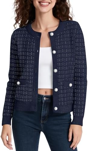 Cropped Cardigan Sweaters for Women Button Down Knit for Fall, Navy Blue