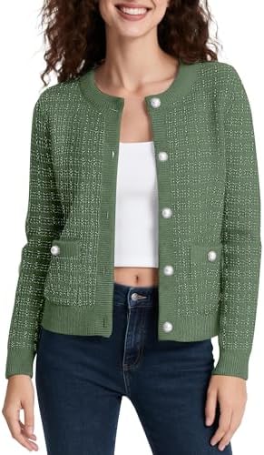 Cropped Cardigan Sweaters for Women Button Down Knit for Fall, Olive Green