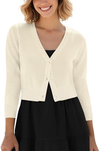 Cropped Cardigan V-Neck Button Down Knitted Sweater 3/4 Sleeve, Apricot