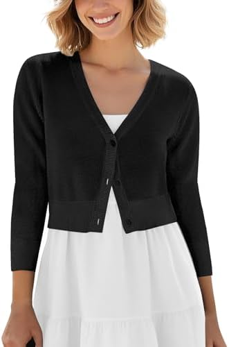 Cropped Cardigan V-Neck Button Down Knitted Sweater 3/4 Sleeve, Black