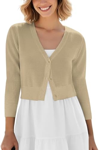Cropped Cardigan V-Neck Button Down Knitted Sweater 3/4 Sleeve, Camel