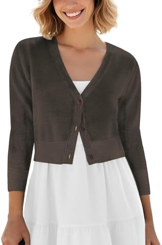 Cropped Cardigan V-Neck Button Down Knitted Sweater 3/4 Sleeve, Coffee