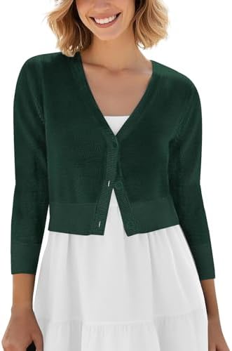 Cropped Cardigan V-Neck Button Down Knitted Sweater 3/4 Sleeve, Dark Green