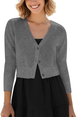Cropped Cardigan V-Neck Button Down Knitted Sweater 3/4 Sleeve, Heather Gray