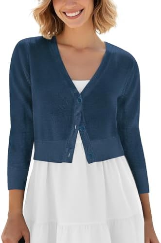 Cropped Cardigan V-Neck Button Down Knitted Sweater 3/4 Sleeve, Ink Blue