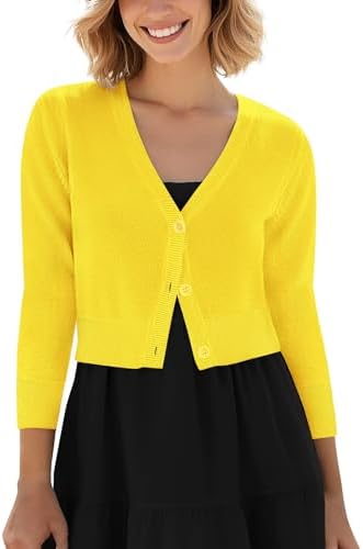 Cropped Cardigan V-Neck Button Down Knitted Sweater 3/4 Sleeve, Lemon Yellow