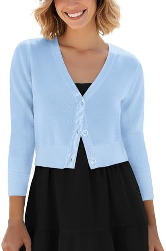 Cropped Cardigan V-Neck Button Down Knitted Sweater 3/4 Sleeve, Light Blue