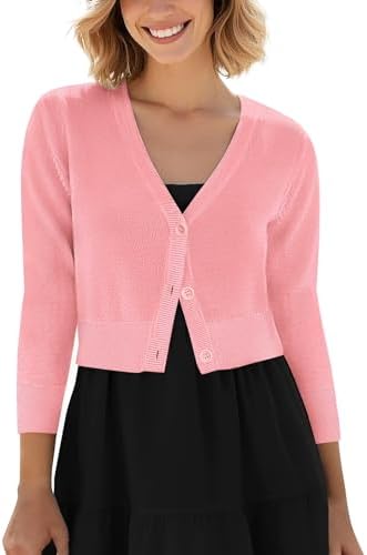 Cropped Cardigan V-Neck Button Down Knitted Sweater 3/4 Sleeve, Pink